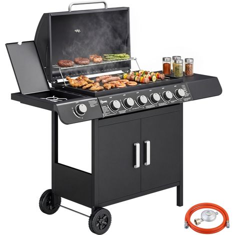 Barbecue à gaz avec couvercle, 7 brûleurs de 20 kW, avec grille latérale et 2 roues, dimensions 135 x 50 x 100 cm, noir. (1/5)