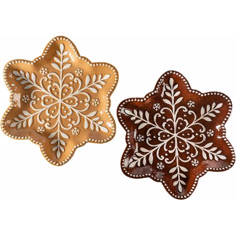 Piatti / vassoi natalizi ad uso alimentare in ceramica a forma di stella pan di zenzero con decori in rilievo, set da 2 pezzi, cm 25,5 x 23 H
