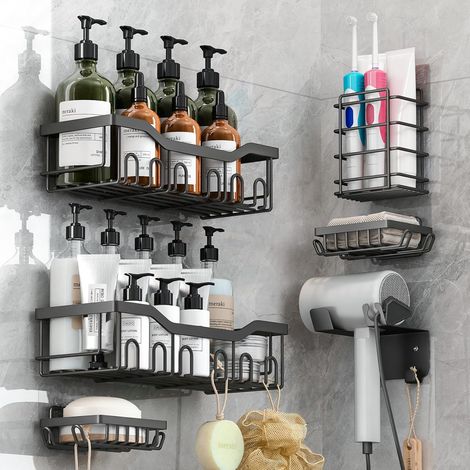 6 Pièces Étagère de douche, Acier inoxydable, Sans perçage, Auto-adhésif, Avec crochets, Rangement salle de bain (1/5)