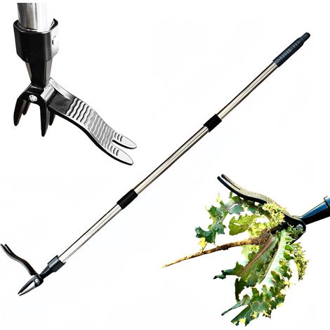Outil de désherbage manuel, désherbeur vertical à 4 griffes avec poignée réglable de 44 pouces, enlève les mauvaises herbes sans se pencher, tirer ou s'agenouiller. (1/5)