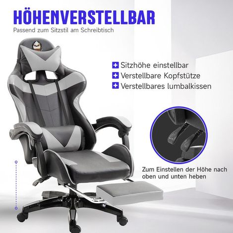 Gaming-Stuhl Gaming Sessel Höhenverstellbar Bürostuhl mit Verstellbar Liegefunktion,mit Katzenohren en Kopfkissen mit Lendenwirbelstütze en Fußstütze (1/5)
