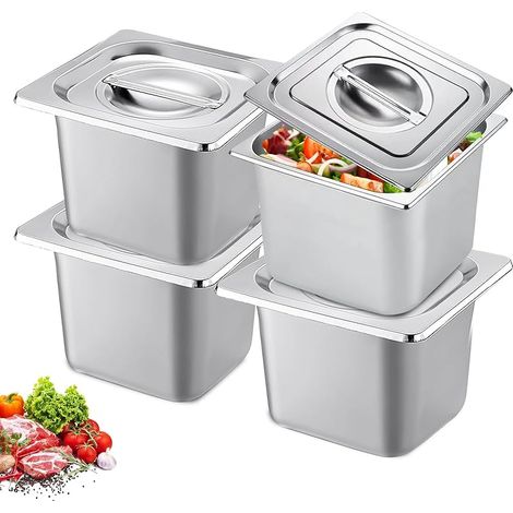 Lot de 4 bacs gastro inox GN 1/6 – hauteur 15 cm – bac inox alimentaire avec couvercle, bac gastro pour stockage alimentaire professionnel