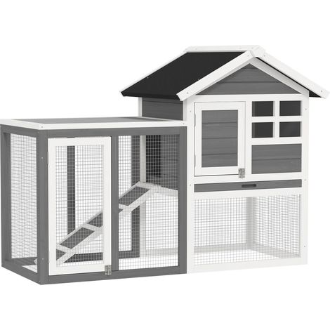 Clapier pour lapins extérieur avec enclos 124 x 63 x 93 cm niche surélevée plateau amovible rustique aéré en bois gris (1/5)