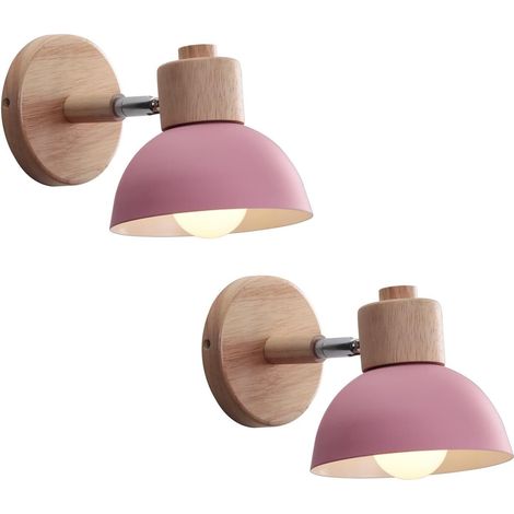 Set of 2 Industrial Modern Indoor Wall Light, Wooden Wall Lamp, E27 Vintage Lighting Fixture for Bedroom, Living Room, Hallway, Restaurant, Pink (1/5)