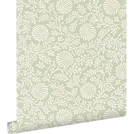 papier peint fleurs vintage vert grisé clair  - ESTAhome (1/5)
