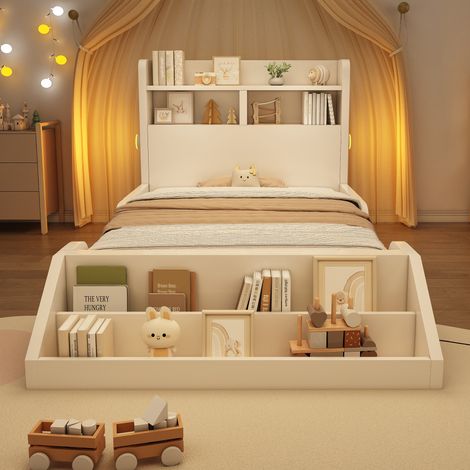 Kinderbett Holz 90x200 cm - Einzelbett mit Abnehmbarer Bibliothek - LED-Nachtlichter - Regale - Stauraum - Lattenrost - Holz - Weiß (1/5)