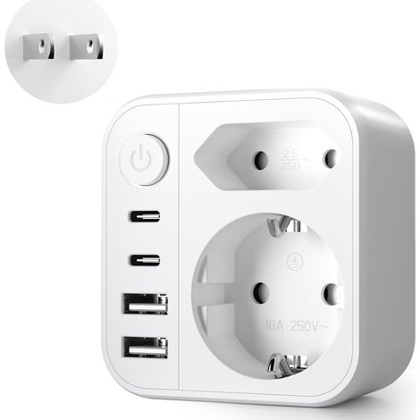 6 en 1 Adaptateur Prise Japon, Adaptateur de Voyage Japon, Connecteur de Voyage France vers Le Japon avec 2 USB A (1/5)