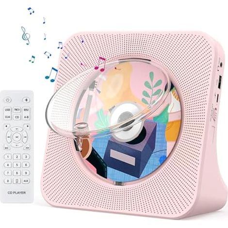 Lecteur CD Portable Mural Lecteurs CD Bluetooth de Bureau pour la Maison, Double Haut-parleurs HiFi Intégrés, Prise AUX et Casque, Radio FM Boombox avec Télécommande Port USB Écran LCD(Rose)