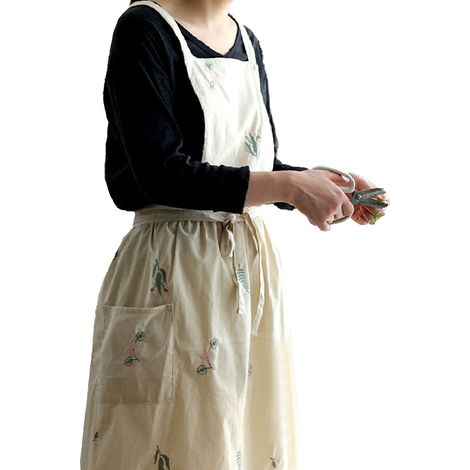Tablier de cuisine brodé de fleurs, imperméable et résistant à l'usure, idéal pour la pâtisserie, les cafés et la maison (couleur crème). (1/5)