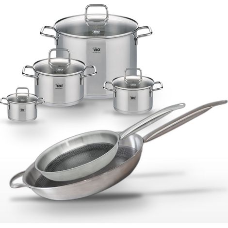 Batterie de cuisine avec 2 poêles 28/32 cm et 4 faitouts 14/16/20/26 cm en inox sans PFAS Elo Collection Relief Solution Citrin (1/5)