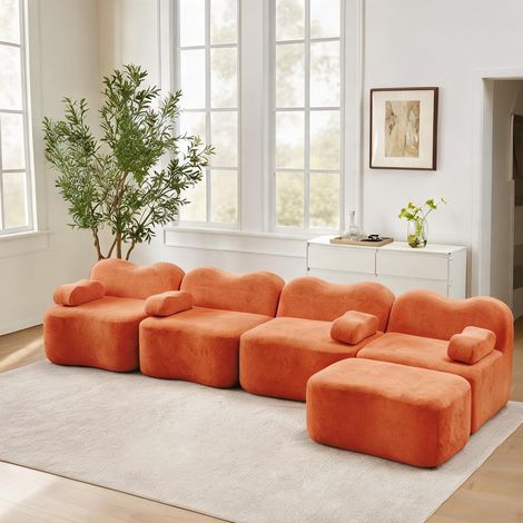 Canapé modulaire d'angle 4 places en velours orange (1/5)