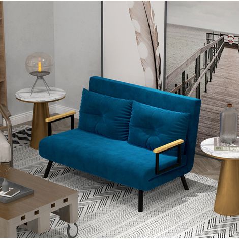 Fauteuil convertible 1 place en velours bleu, dossier inclinable 180°, DESVIAE (1/5)
