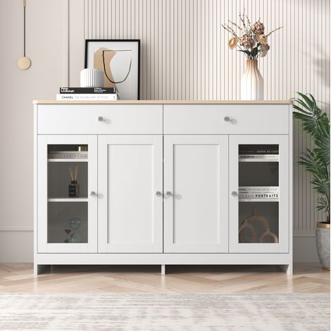 Aparador buffet de MDF blanco y color madera 120x37x80 cm, 4 puertas, 2 cajones y estantes ajustables (1/5)