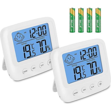 Thermometre Interieur Hygrometre, Thermomètre Chambre Bébé Lot de 2, Humidimetre Avec Rétroéclairage, Instruments Météorologiques, Capteur Humidité Fonction ℃ / ℉ / Horloge / Date (1/4)