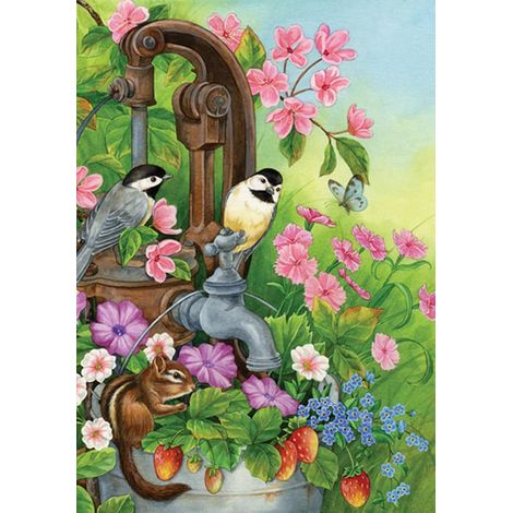 Drapeau de jardin « Arrosage » avec oiseaux décoratifs, fleurs, motifs floraux printaniers et animaux mignons, fabriqué aux États-Unis. (1/4)