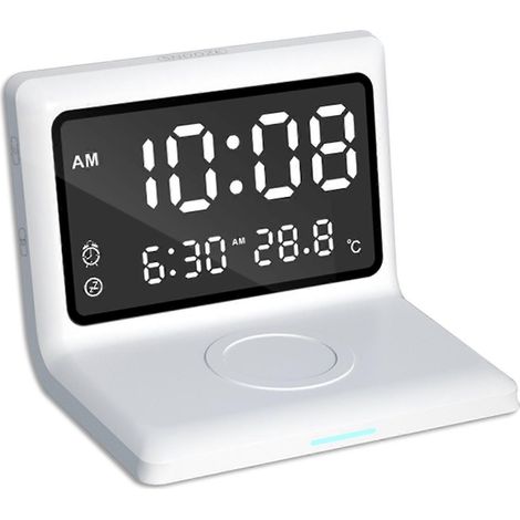 Réveil à chargement sans fil avec alarme, fonction snooze, affichage miroir, réglage de la luminosité sur 5 niveaux, fonction snooze et miroir convient à une utilisation dans la chambre blanc. (1/5)
