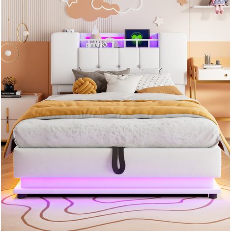 Lit coffre enfant 90x200 LED USB velours beige OKMYHOME (1/5)