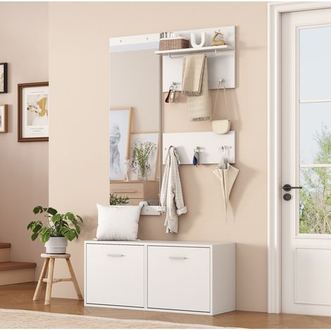 Set guardaroba 4 pezzi in truciolare bianco con 6 ganci, scarpiera 90 x 30 x 41,5 cm, specchio e 2 pannelli a parete (1/5)