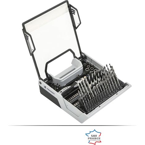 Mallette perçage vissage 108pcs forets bois, béton, métal, embouts de vissage, porte embout, douilles, fraise, tournevis à cliquet porte embouts. (1/4)