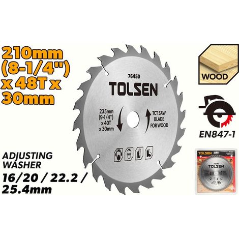Lame de scie circulaire pour bois 210 x 30 x 48 dents, avec vis, bague de réduction de 16 mm, coupe précise, grande durabilité, idéale pour une utilisation professionnelle et domestique. (1/4)