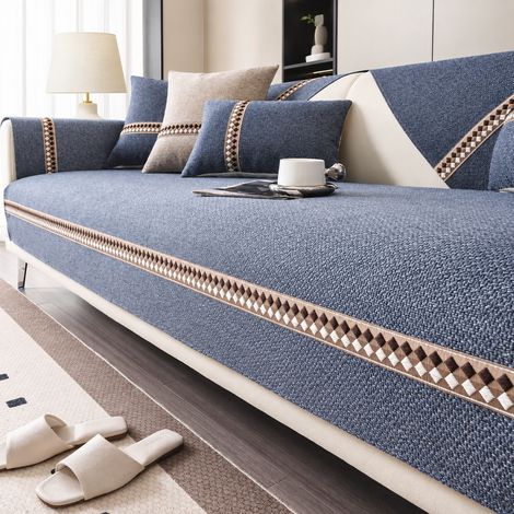 Housse de Canapé Aspect Lin XH Xingbingwen - Bleu 110160cm Coussin d'Assise Antidérapant à Carreaux 300 g – Livraison gratuite
