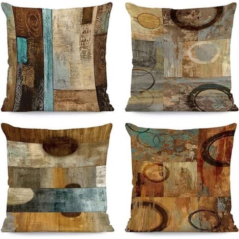 Taies d'oreiller décoratives marron 45 x 45 cm (lot de 4) dans les tons bleu-vert. Motifs géométriques moder,45 x 45 cm,lot de 4,marron,bleu,vert
