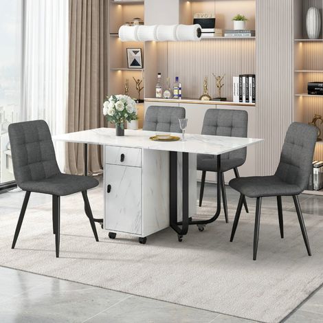 Ensemble table à manger pliante 150x80 cm avec 4 chaises tissu effet lin, MDF blanc