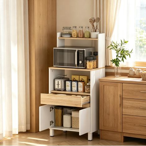 Meuble micro-ondes blanc avec plan de travail, niche, tiroir et placard, étagère de rangement, 60 x 40 x 131 cm, meuble cuisine compact pour café et appareils – CHICFURN (1/5)