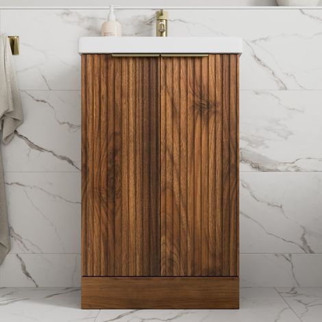 Fluted 500mm Bathroom Vanity Unit Basin Floorstanding Cupboard Soft Close Walnut (1/5)