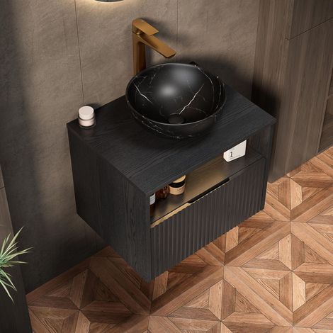 Mobile bagno sospeso 60x46x60.8 cm - mobile sottolavabo sospeso con lavabo a catino nero effetto pietra e illuminazione LED con sensore - multistrato - nero