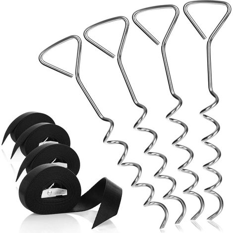 (Pack de 4) Kit de harnais pour trampoline, ancrage compréhensible au sol, des piquets de sol en spirale, 4 piquets de sol et 4 sangles, des piquets de sol et des accessoires pour balançoire (1/5)