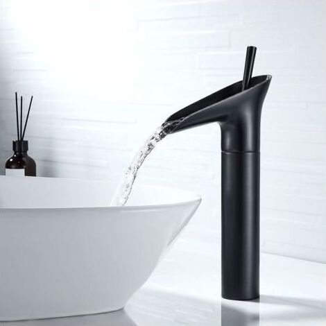 Robinet Salle Bain Noir, Robinet Cascade Mitigeur Lavabo Noir Rétro à Levier Unique Robinet Lavabo, Laiton Comptoir Haute Robinet Salle de Bain Robinet Lave Main Robinet Evier Vasque (1/4)