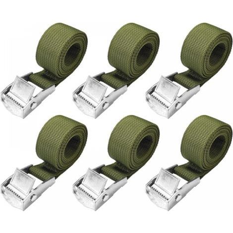 Sangles d'arrimage de 1.5 m - Lot de 6 sangles à cliquet courtes, vert armée, avec boucle serrée 25 mm, sangles de vélo de 250 kg, sangles de moto extrêmement solides (1/4)