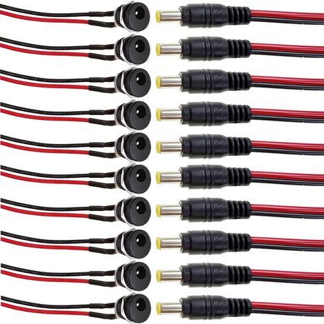 10 Paires Connecteur CC 5,5 X 2,5 mm, DC d'Alimentation, Mâle et Femelle, Pigtail Cable pour Vidéo Surveiller CCTV Caméra (22AWG 12V 2A) (1/3)