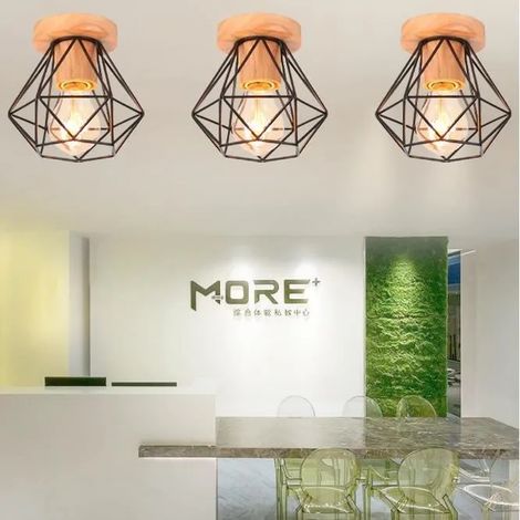 U-Do 3Pcs Plafonnier Créatif Lampe Cage en Fer Bois E27 Lustre de Plafonde Luminaire design Vintage pour Salon Cuisine Bureau (1/4)