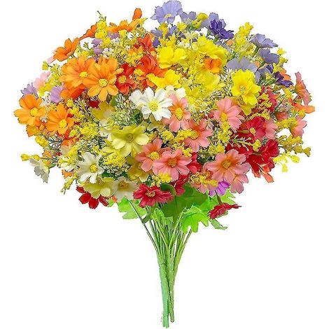 Marguerite, lot de 6 fleurs artificielles en plastique, arbustes verts multicolores pour intérieur et extérieur, style ferme ou jardin. (1/5)