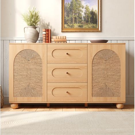 Aparador 140 x 40 x 80 cm con 2 puertas de rejilla de cuerda y 3 cajones, natural HAVRYA (1/5)