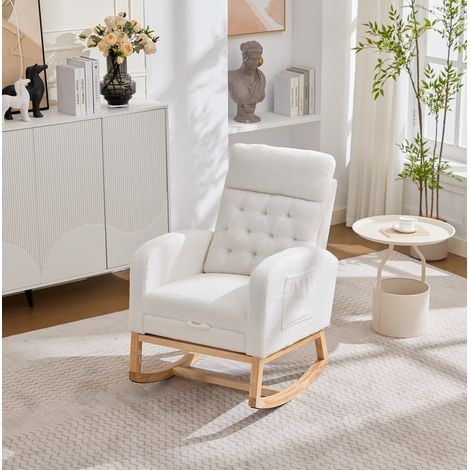 Sillón mecedora de bouclé blanco con reposapiés extensible y bolsillos laterales DESVIAE (1/5)