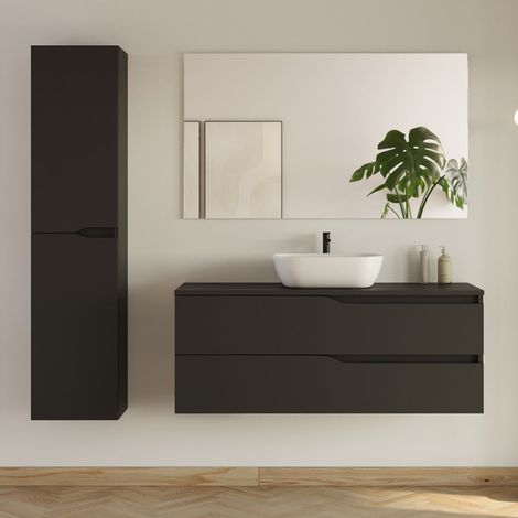 Meuble de salle de bain 120cm avec plateau et vasque arrondie Zeus - 2 tiroirs et colonne de rangement - noir mat - LUNA