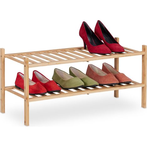 Relaxdays Schuhregal, Bambus, 6 Paar Schuhe, HxBxT: 32 x 68,5 x 28 cm, mit 2 Ablagen, schmal, Schuhständer Flur, natur