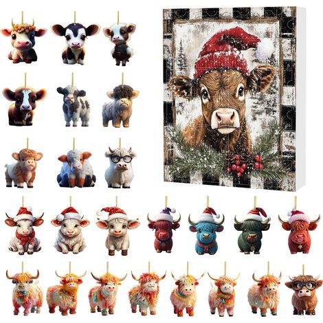 Calendrier De Lavent Vache - 24 Pendentifs Plats En Plastique Pour Décoration Intérieure Voiture Mur Fenêtre - 26 X 18 X 2 Cm - 200 G (1/5)