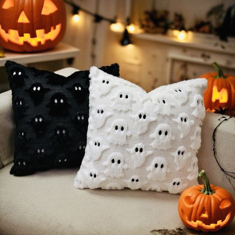 Lot de 2 Housses de Coussin Halloween 45x45 cm, Motif Fantôme, Housses Douces en Peluche pour Canapé, Fauteuil, Chambre et Salon (1/5)