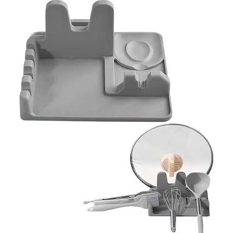 Couvercle de casserole en silicone avec support de spatule, 4 fentes, grande capacité, support de couvercle multifonctionnel pour garder le plan de travail propre, gris (1/5)