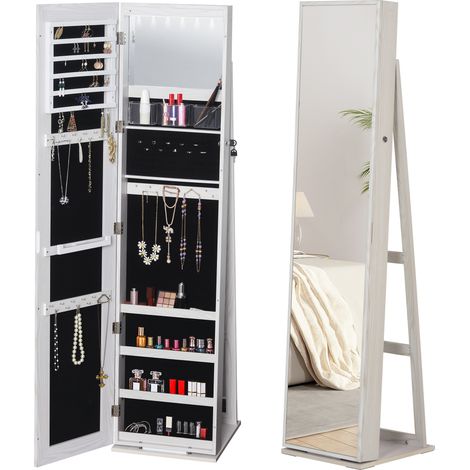 Armoire à Bijoux avec Miroir sur Pied Multi-rangements éclairage LED Blanc dim. 38L x 38l x H157 cm