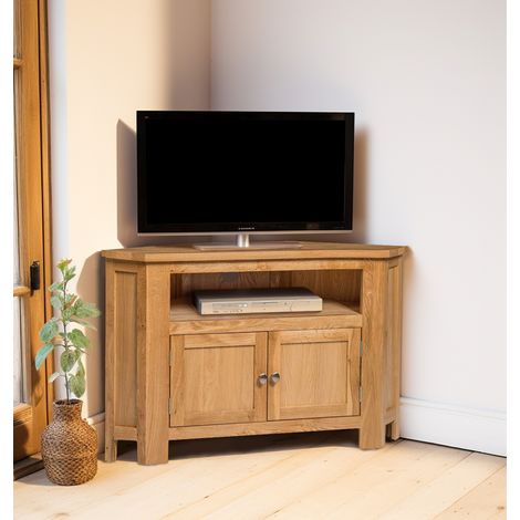 Hallowood Furniture Waverly Oak Corner TV Unit with Cable Hole & Storage Cupboard, 2-Door Solid Wooden Light Oak TV Stand Cabinet with Adjustable Shelf, Corner Unit for Living Room or Bedroom (1/5)