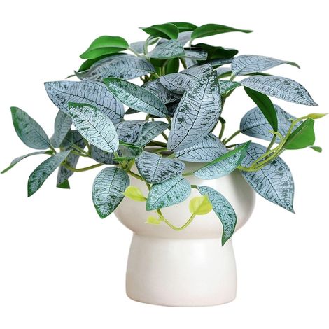 Bouquet de fleurs artificielles, fleurs en plastique longue durée, pot rond décoratif + panier suspendu pour plantes à nervures grises (1/2)