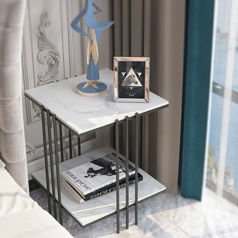 Mesa Auxiliar de Mármol Mesita de Café Dorado de Estilo Nórdica para Salón Dormitorio Balcón, Negro