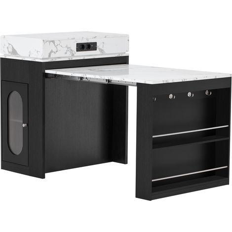 Îlot de cuisine sur roulettes, table à manger extensible avec plateau rabattable, table de bar avec blocs multiprises et crochets, sert d’îlot de cuisine, de buffet ou de table de bar pour la cuisine (1/5)