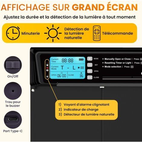 Porte automatique pour poulailler type XL - Panneau solaire - Écran LCD, télécommande, capteur de luminosité, minuterie et dispositif anti-pincement - Grande ouverture de 28,7 x 22,1 cm - Garantie 5 a (1/3)