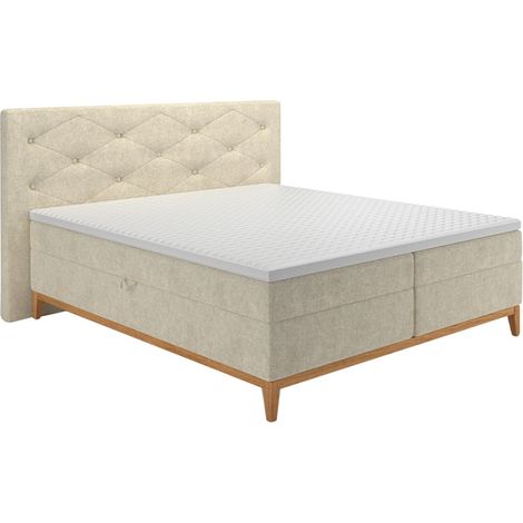 Lit boxspring 180x200 cm tissu écru 2 coffres rangement - SKY (1/5)